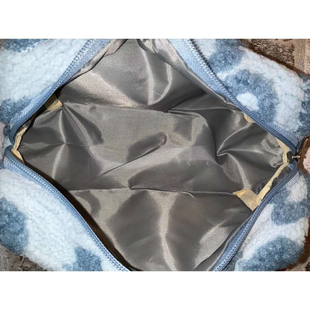Lash Buddy Sherpa Fleece‎ Makeup Bag Blue Heart Leopard Print Cosmetic Pouch